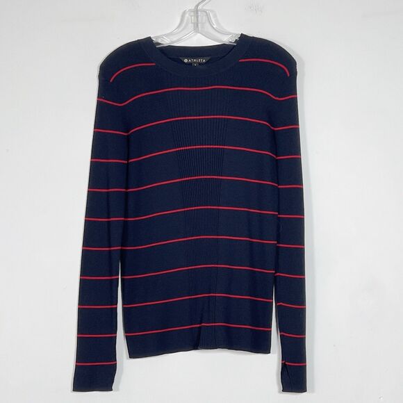 Athleta Crewneck Bayside Ribbed Sweater Top Sz L Blue Striped Merino Wool Blend - Picture 3 of 12